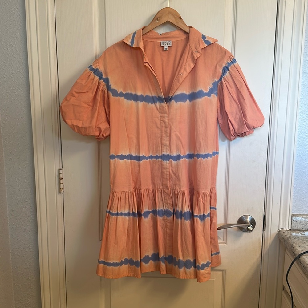 Orange and Blue Frock It WKND Drop Waist Button Up Dress With Puff Sleeves